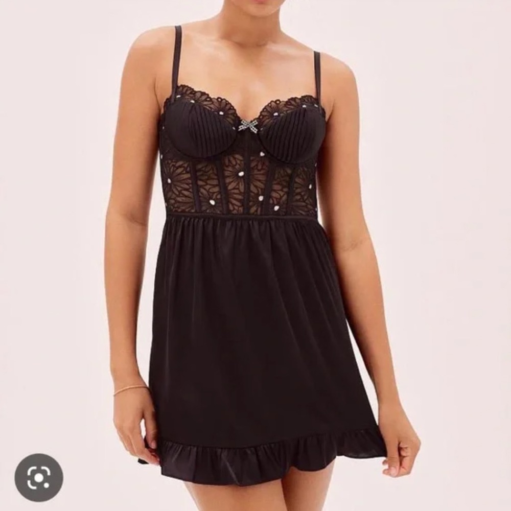 For Love & Lemons Lilou Satin Embrodiered Bustier Dress - size small